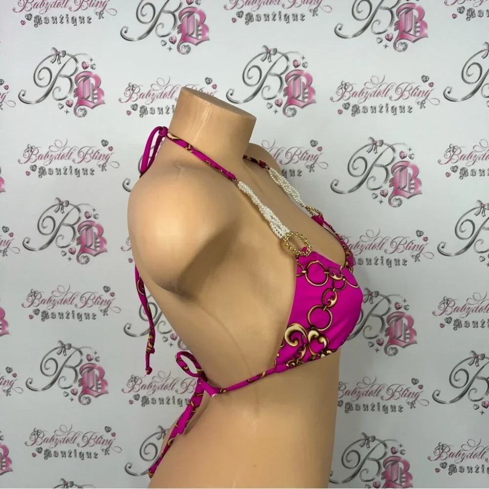 Beach Bunny bikini top pearls one of 500 rare Fuchsia and Gold Bikini Top chains